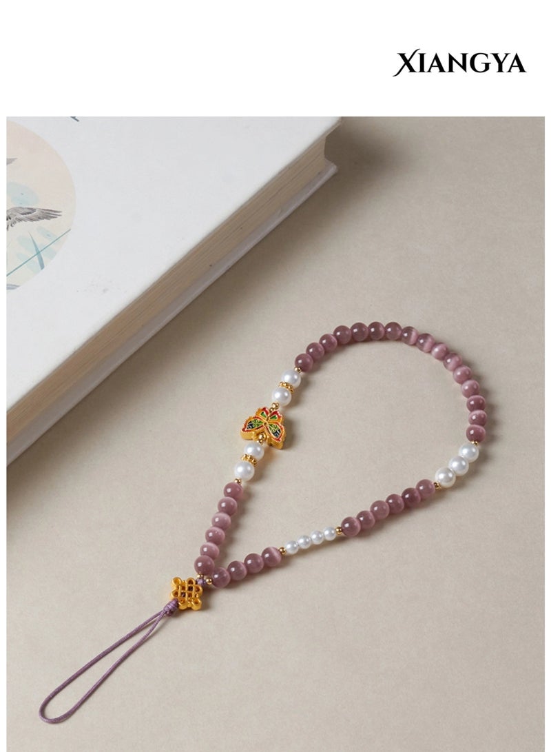 XIANGYA Purple Phone Charm / Butterfly Phone Chain Strap – Lucky Charms Cat’s Eye Stone & Shell Beads with 18K Gold-Plated Details, Elegant Lanyard & Keychain for Women Girls, Fashion Phone Accessories - Image 2