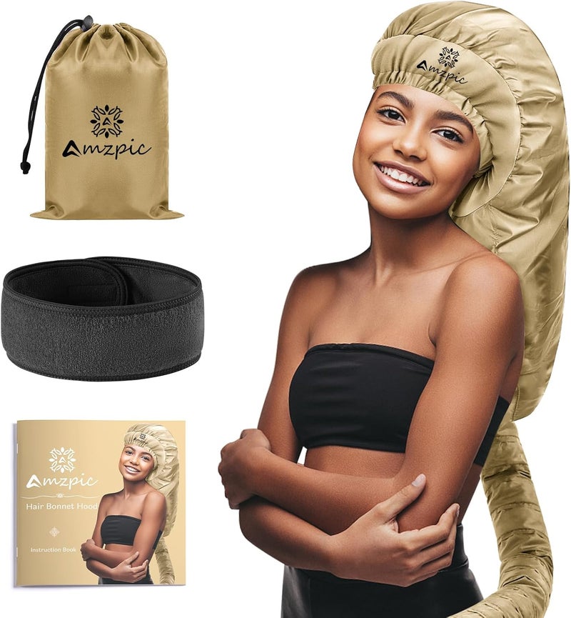 Bonnet Hair Dryer Attachment - Bonnet Hood Dryer with Headband That Reduces Heat Around Ears and Neck, Use for Hair Styling, Hair Drying, Curling and Deep Conditioning (Extended Version, Gold)