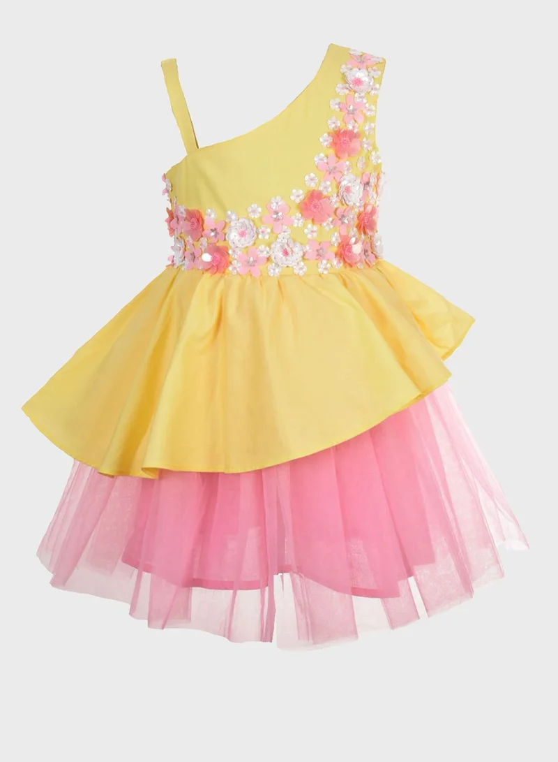 A Little Fable Kids One-Shoulder Jaune Garden Dress