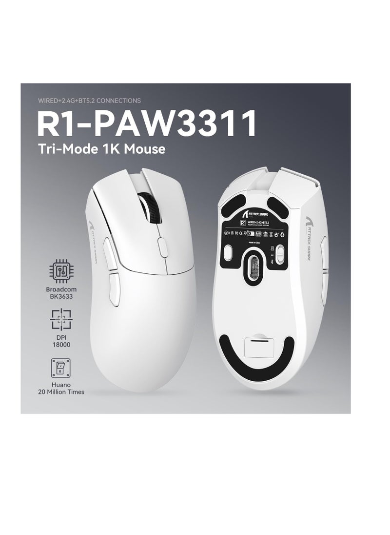Attack Shark - ATTACK SHARK R1 59g Superlight Mouse, PixArt Gaming Sensor PAW3311, BT/2.4G Wireless/Wired Gaming Mouse, 6 DPI Adjustable up to 18000, 65 Hour Battery (White) - Image 1