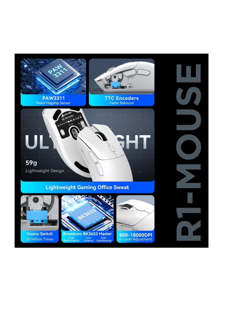Attack Shark - ATTACK SHARK R1 59g Superlight Mouse, PixArt Gaming Sensor PAW3311, BT/2.4G Wireless/Wired Gaming Mouse, 6 DPI Adjustable up to 18000, 65 Hour Battery (White) - Image 1