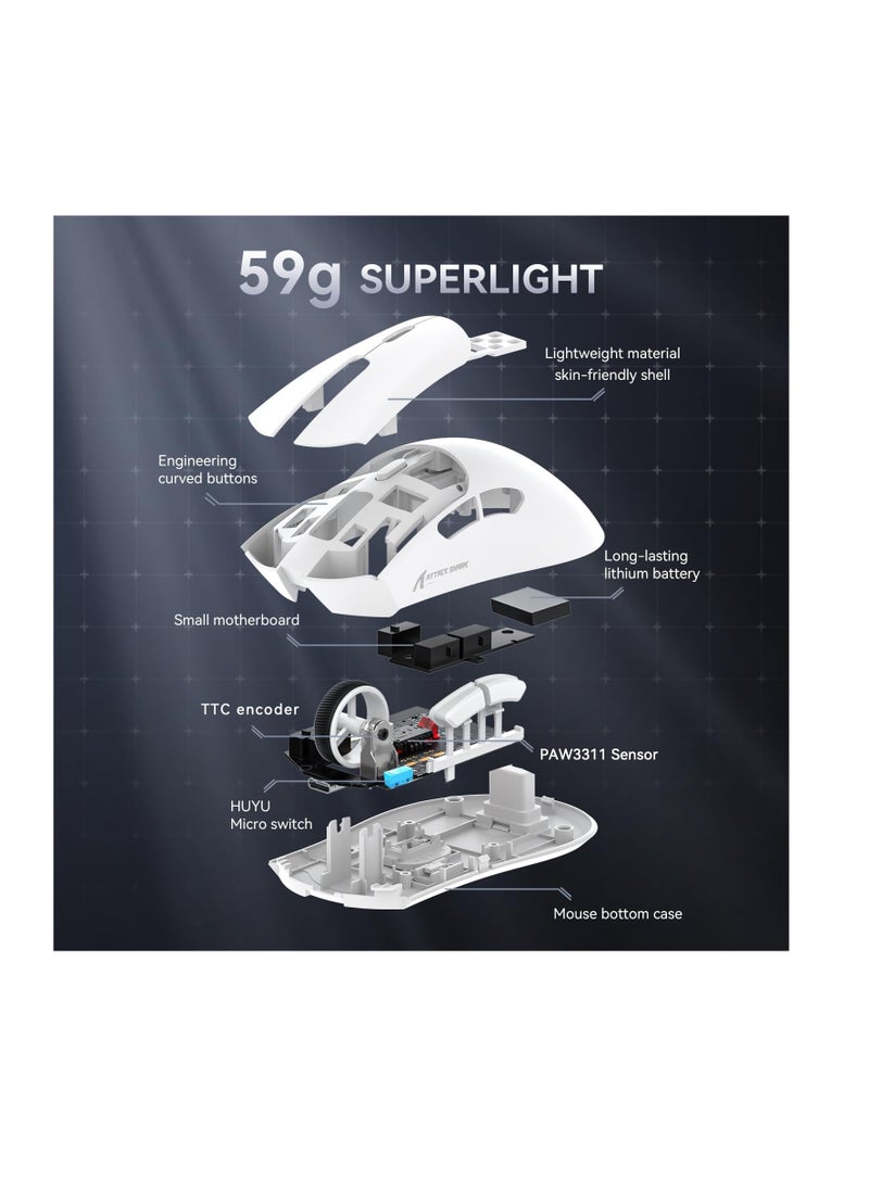 Attack Shark - ATTACK SHARK R1 59g Superlight Mouse, PixArt Gaming Sensor PAW3311, BT/2.4G Wireless/Wired Gaming Mouse, 6 DPI Adjustable up to 18000, 65 Hour Battery (White) - Image 1