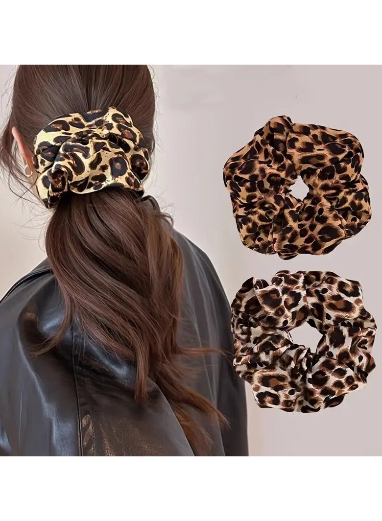 Rozino 2pcs Elegant Leopard Print Scrunchies - Vintage Style Hair Ties for Women & Girls, Perfect for Ponytails & Updos - Image 1