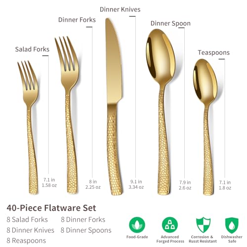 Remoxye 40-Piece Silverware Set, Gold Hammered Stainless Steel Flatware Sets for 8, Food-Grade Tableware Set, Including Fork Knife Spoon Set, Durable Home Kitchen Cutlery Sets, Dishwasher Safe, RX357 - Image 2