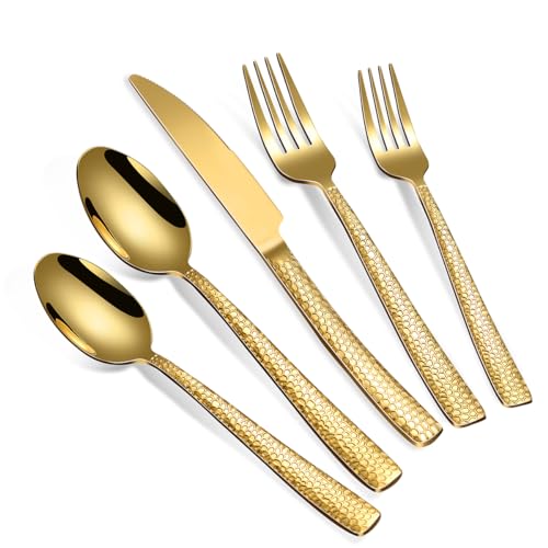 Remoxye 40-Piece Silverware Set, Gold Hammered Stainless Steel Flatware Sets for 8, Food-Grade Tableware Set, Including Fork Knife Spoon Set, Durable Home Kitchen Cutlery Sets, Dishwasher Safe, RX357 - Image 1