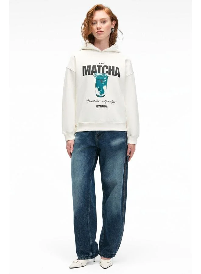 GRIMELANGE YANMESA Women's Oversized Printed and Embroidered Detailed Long Sleeve Hooded White Sweatshirt.