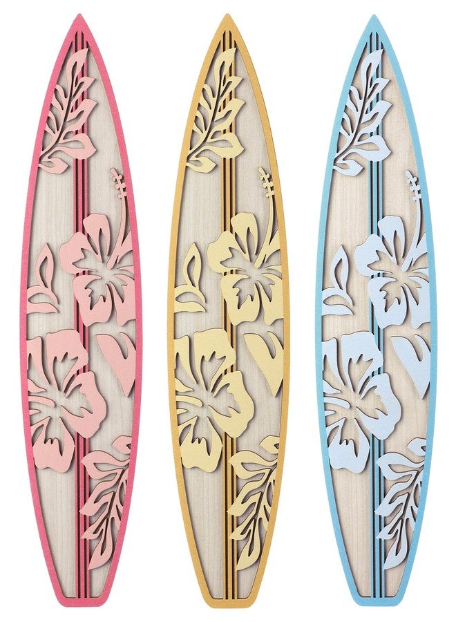 RattanView 3 Pieces Hibiscus Surfboard Decor for Bedroom Wooden Beach Wall Decor Summer Wood Surfboard Wall Hanging Sign for Tropical Living Room Decoration(Yellow, Blue, Pink) - Image 1