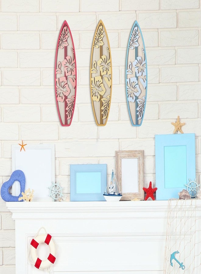 RattanView 3 Pieces Hibiscus Surfboard Decor for Bedroom Wooden Beach Wall Decor Summer Wood Surfboard Wall Hanging Sign for Tropical Living Room Decoration(Yellow, Blue, Pink) - Image 4
