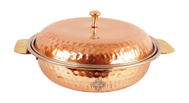 INDIAN ART VILLA Steel Copper Royal Hammered Donga with Lid 75 Inch Handmade Casserole for Serving and Storing Durable and Stylish for Home and Restaurant - Image 1