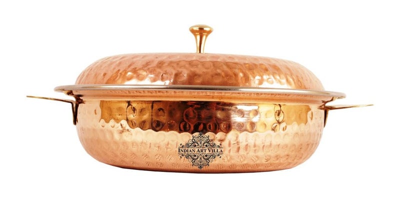 INDIAN ART VILLA Steel Copper Royal Hammered Donga with Lid 75 Inch Handmade Casserole for Serving and Storing Durable and Stylish for Home and Restaurant - Image 2