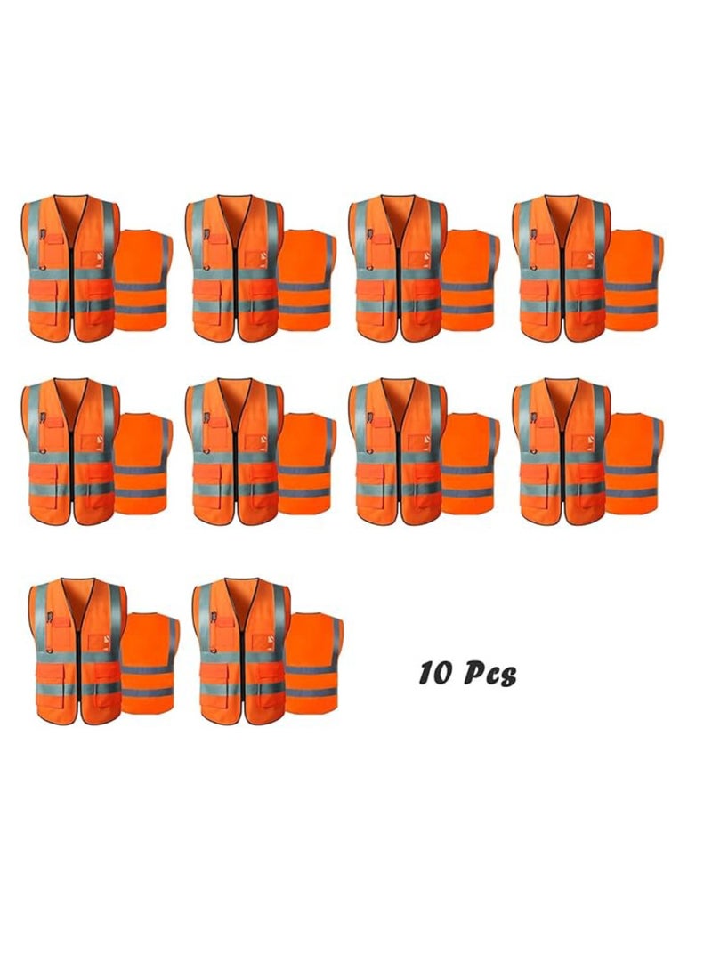 Yuwell Reflective Safety Vests High Visibility Breathable Day Night Warning Jacket with Zipper And 5 Pockets For Construction Traffic Cycling Safety Purpose Large 10 Pcs  - Image 1