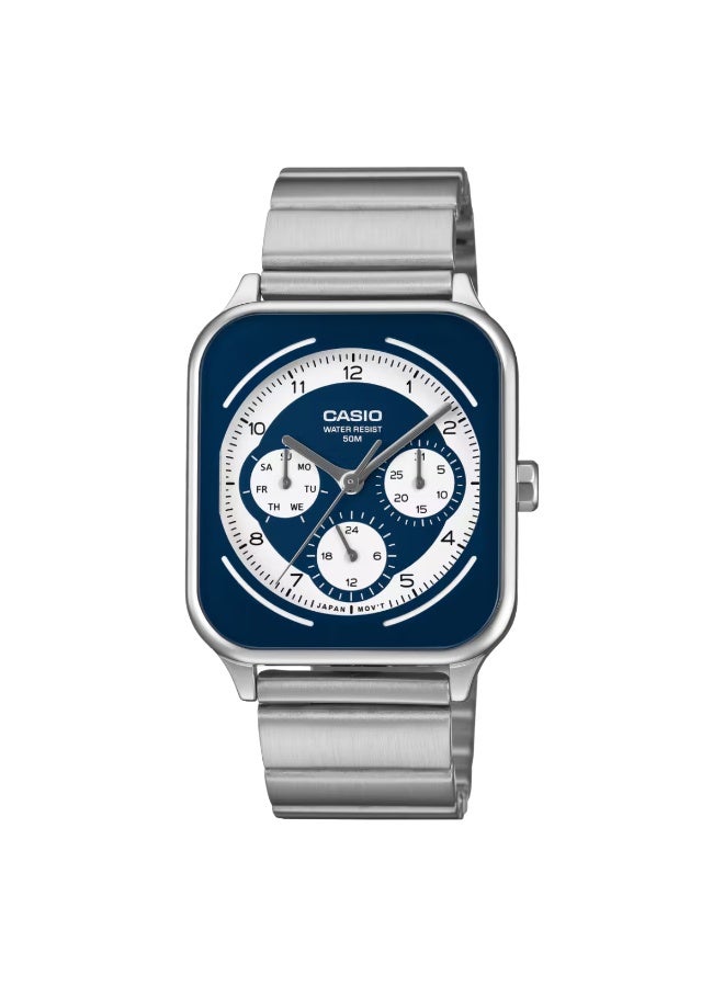 CASIO ساعة أنالوج متعددة المينا القياسية MTP-M307D-2BVDF، 44.5 مم قرص أزرق، سوار من الفولاذ المقاوم للصدأ، مقاومة للماء حتى 50 م.