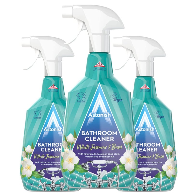 Astonish Streak Free Foaming Bathroom Cleaner Spray Bottle 3 Pack Deep Cleaning White Jasmine Basil Scented Spray for Soap Scum Watermarks Limescale Cleaning Supplies 750 ml Bottle
