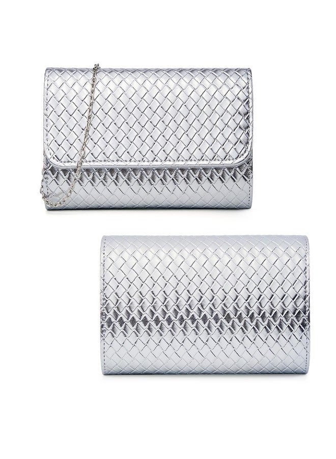 MUDUO Women's Woven Evening Bag Casual Leather Shoulder Handbag Fashion Crossbody Clutch Purse (BZ18-Silver) - Image 4