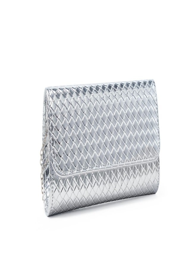 MUDUO Women's Woven Evening Bag Casual Leather Shoulder Handbag Fashion Crossbody Clutch Purse (BZ18-Silver) - Image 1