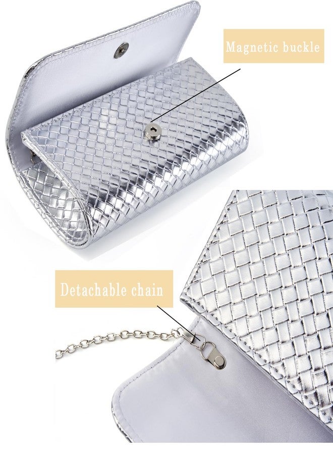 MUDUO Women's Woven Evening Bag Casual Leather Shoulder Handbag Fashion Crossbody Clutch Purse (BZ18-Silver) - Image 5