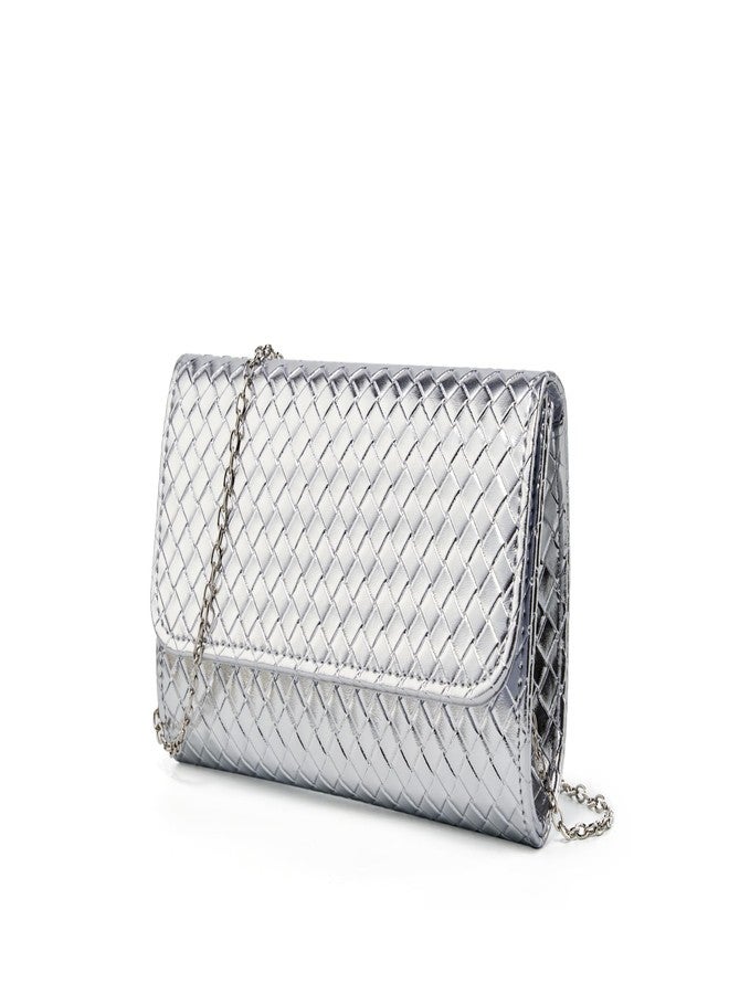 MUDUO Women's Woven Evening Bag Casual Leather Shoulder Handbag Fashion Crossbody Clutch Purse (BZ18-Silver) - Image 3