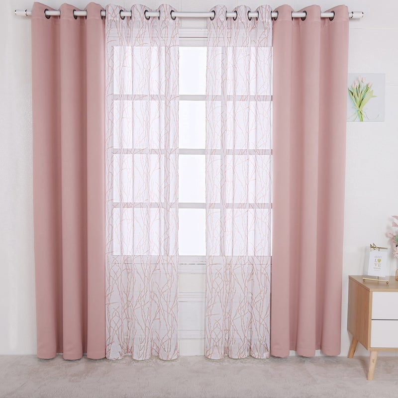 BONZER BONZER Mix and Match Curtains  2 Pieces Branch Print Sheer Curtains and 2 Pieces Blackout Curtains for Bedroom Living Room Grommet Window Drapes 37x63 InchPanel Blush Set of 4 Panels 