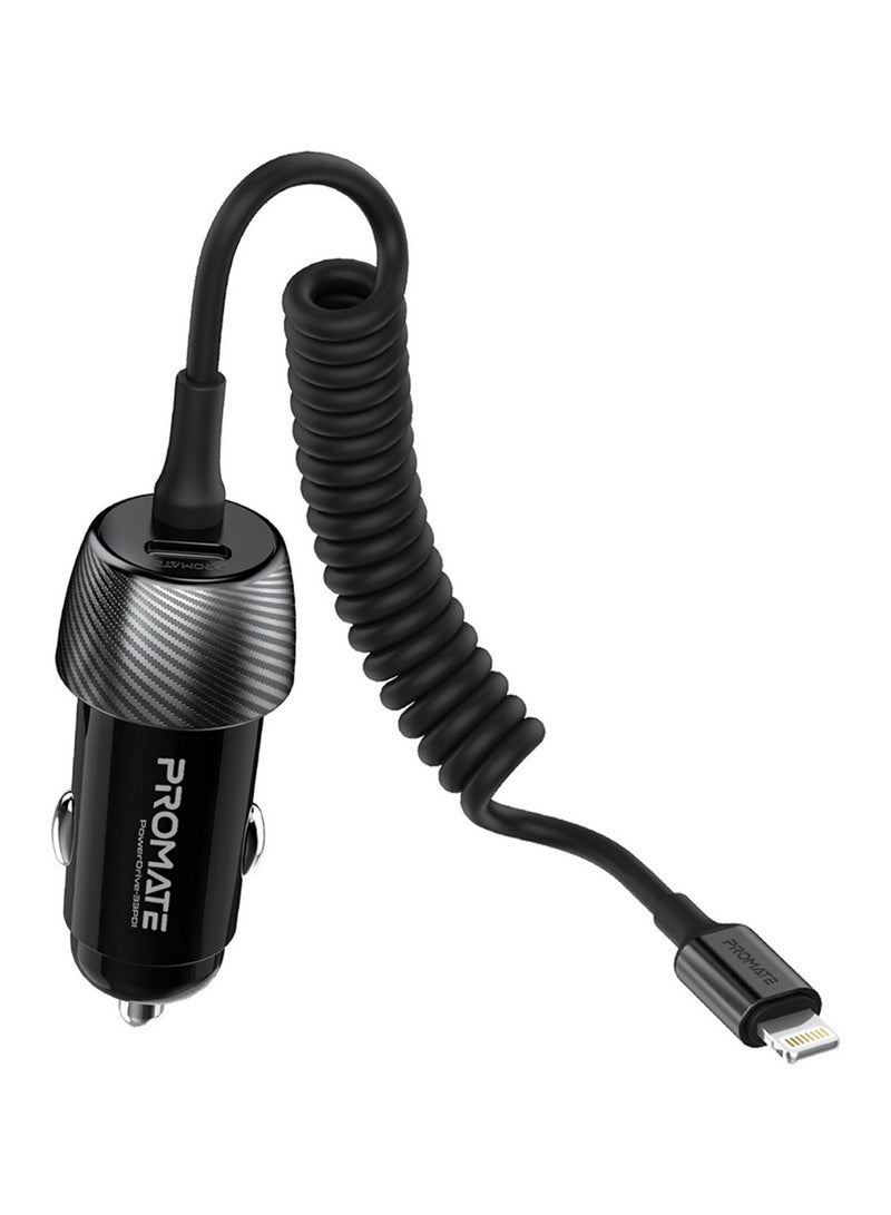 PROMATE 33W Quick Charging Car Charger with Lightning Connector Cable Black - Image 1