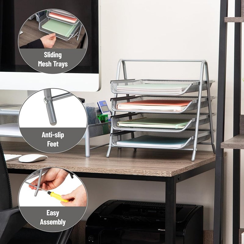 Mind Reader 4-Tier Paper Tray, Desktop Organizer, File Storage, Workspace, Office, Metal Mesh, 11.75"L x 13.75"W x 12.5"H, Silver - Image 4