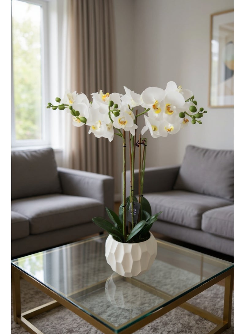 Living Artificial white orchid flowers, natural look, multiple branches, white pot, height 85 cm  - Image 1