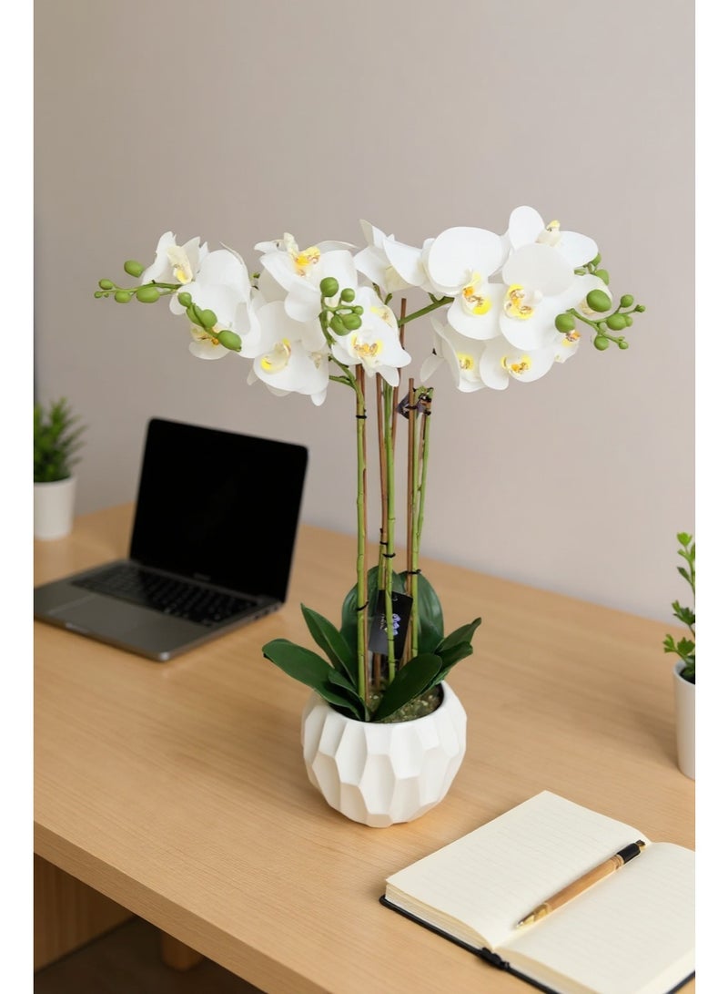 Living Artificial white orchid flowers, natural look, multiple branches, white pot, height 85 cm  - Image 2