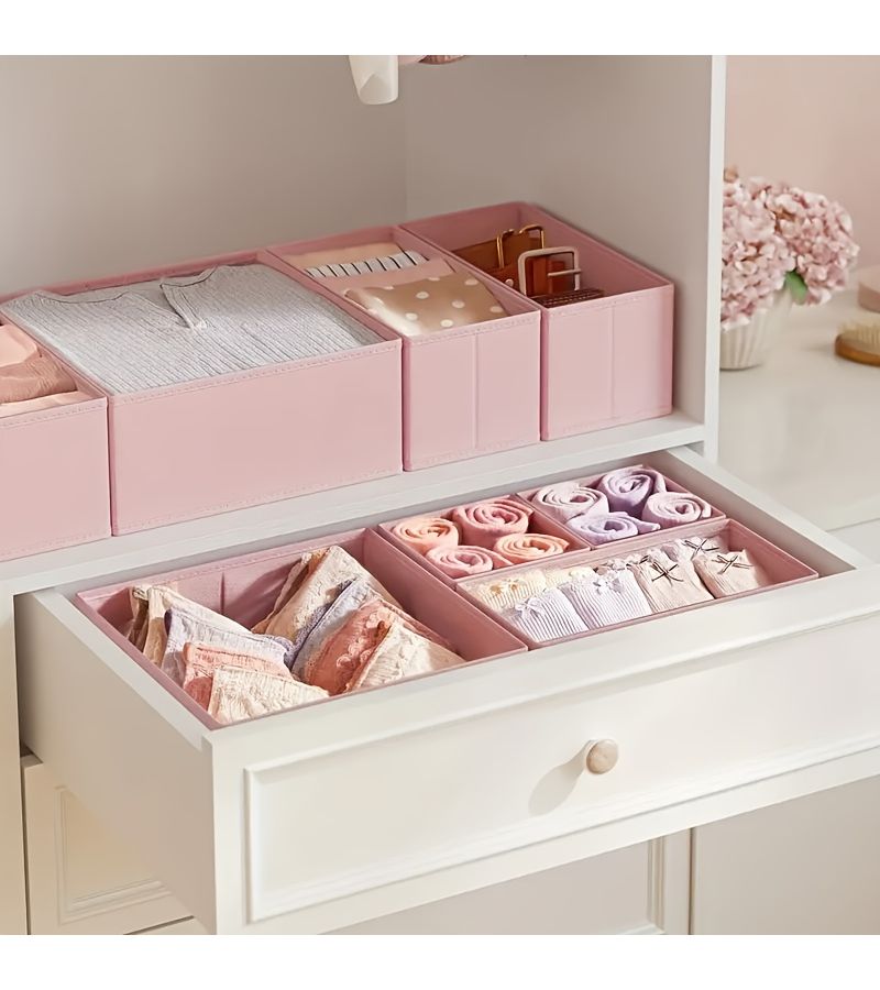 6 Pcs Pink Foldable Fabric Storage Boxes With Tension Installation Minimalist Rose Colored Wardrobe And Drawer Organizers For Underwear Bras Socks Soft Breathable Compartments Space Saving Home Decor - Image 2