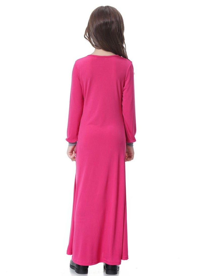 إسكدنيا Girl's Round Neck Maxi Dress Robe With Long Sleeves Rose Pink  - Image 2