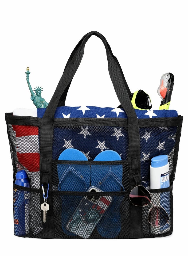 Y&D Beach Bag, Large Tote Bag for Women Travel, Mesh Toys, Towel, flip flops, Black - Image 1