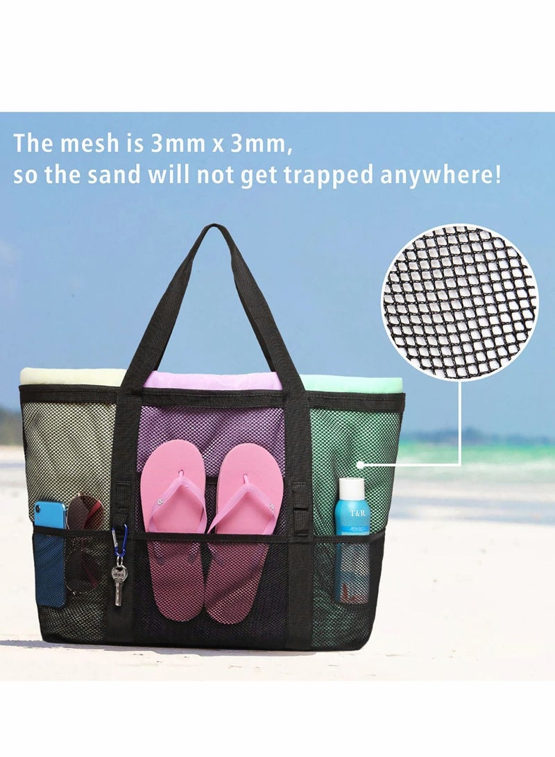Y&D Beach Bag, Large Tote Bag for Women Travel, Mesh Toys, Towel, flip flops, Black - Image 3
