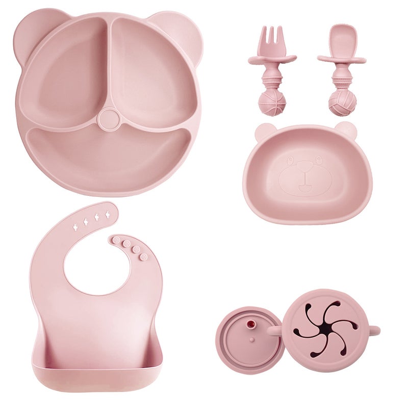 Silicone Baby Dining Set Soft Bib Bowl SpoonLight powder 7 pieces-bear plate bear head bowl 2 in 1 cup bib short fork spoon Light powder 7 pieces-bear plate bear head bowl 2 in 1 cup bib short fork spoon