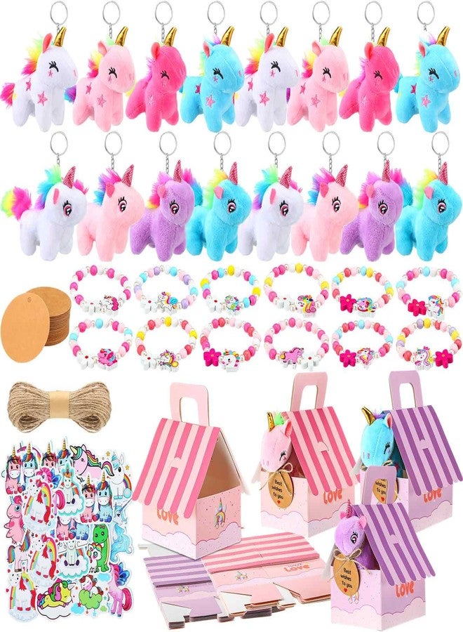 Remuuly 88 Pcs 12 Sets Unicorn Party Favor for Girls Mini Unicorns Stuffed Animals Bulk Plush Keychains Gift Box Bracelet Sticker for Goodie Bag Birthday Students - Image 1