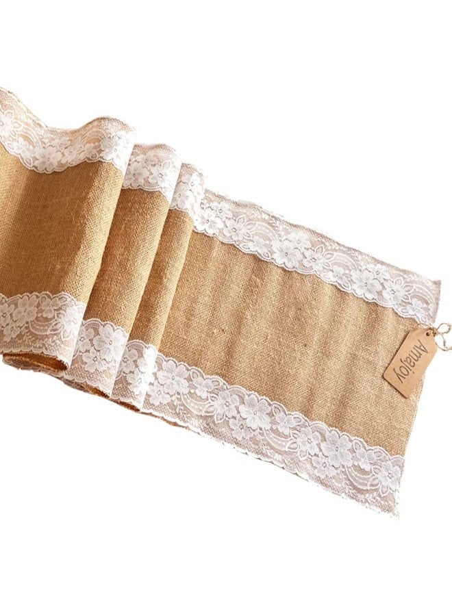 AmaJOY1pc 12x70 Inch (30cmx 180cm) Jute Burlap and White Lace Table Runner Interior Decoration Fabrics Country Rustic Wedding Decor Bridal Shower Party Decor (1) - Image 1
