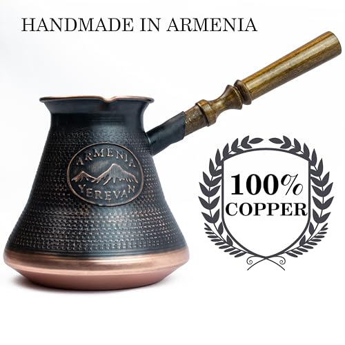 HandCraftoria Handmade Armenian Coffee Pot 21 Fl Oz - Copper Jazva Ararat - Turkish Arabic Greek Cezve Jezve Ibrik Turka Jazve Maker - wooden handle - (7 cup (21 US fl.oz)) - Image 2