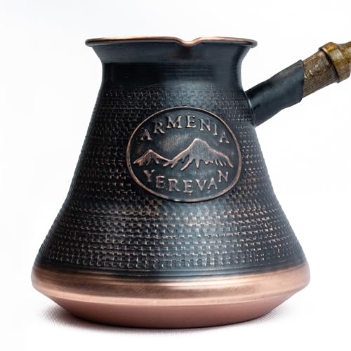 HandCraftoria Handmade Armenian Coffee Pot 21 Fl Oz - Copper Jazva Ararat - Turkish Arabic Greek Cezve Jezve Ibrik Turka Jazve Maker - wooden handle - (7 cup (21 US fl.oz)) - Image 1
