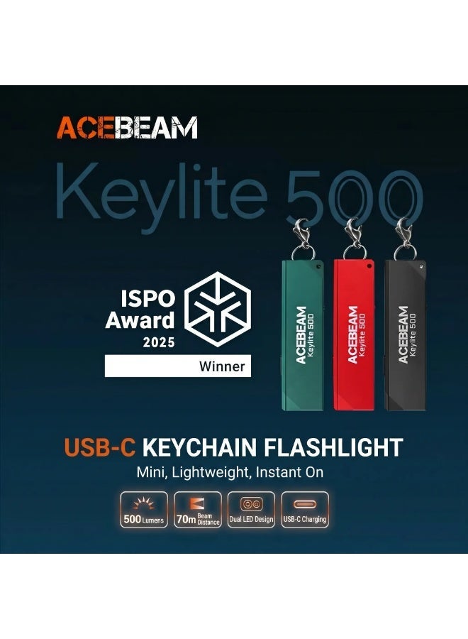 Acebeam Keylite 500 USB-C ضوء ميدالية مفاتيح، 500 لومن LED مزدوج، مصباح يدوي قابل لإعادة الشحن مقاوم للماء IP66 (للاستخدام اليومي، الأماكن الخارجية، الطوارئ) - Image 1