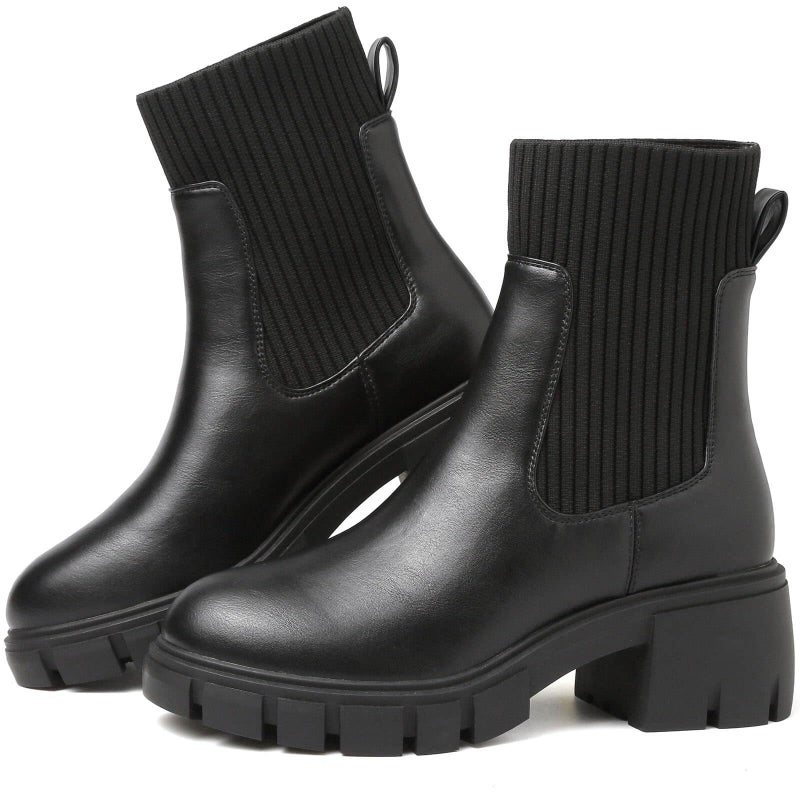 ziitop Women Platform Chelsea Boots Fashion Elastic Ankle Booties Lug Sole Chunky Block Heel Leather Fall Boots Ladies - Image 1