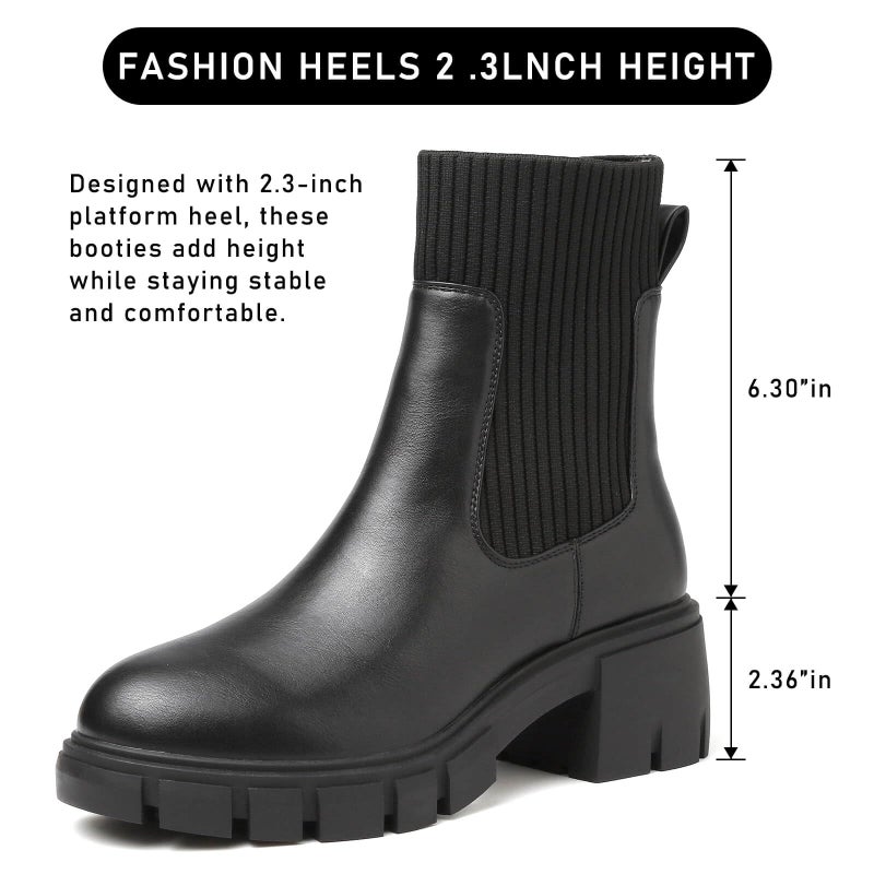 ziitop Women Platform Chelsea Boots Fashion Elastic Ankle Booties Lug Sole Chunky Block Heel Leather Fall Boots Ladies - Image 3