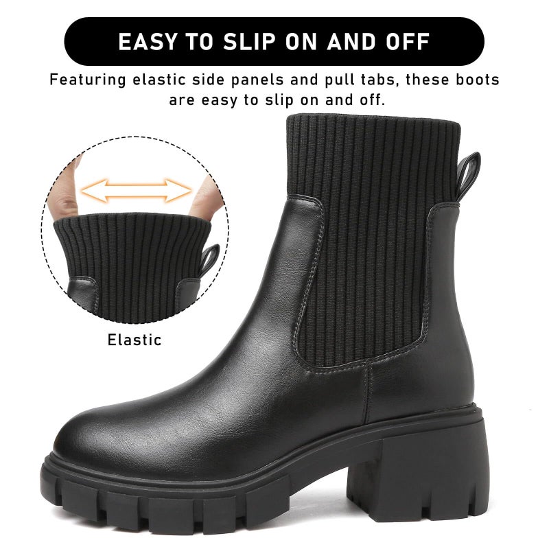 ziitop Women Platform Chelsea Boots Fashion Elastic Ankle Booties Lug Sole Chunky Block Heel Leather Fall Boots Ladies - Image 4