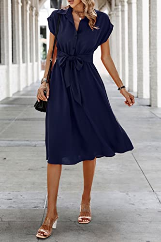 ECOWISH Womens Casual Midi Dresses Solid V Neck Short Sleeve Shirt Dress with Pockets for Spring Summer 2023 Blue L - Image 2