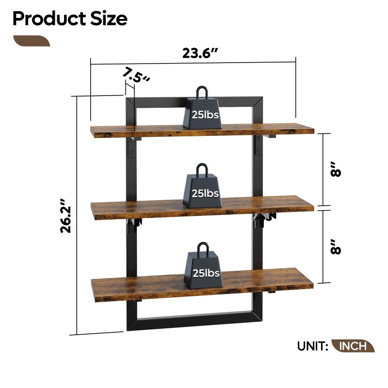 Bestier Floating Shelves for Wall, 24 inch Kitchen Shelves Wall Mounted, 3 Tier Coffee Bar Shelf with Foldable Brackets, Industrial Display Shelf for Bathroom, Living Room, Rustic Brown - Image 5
