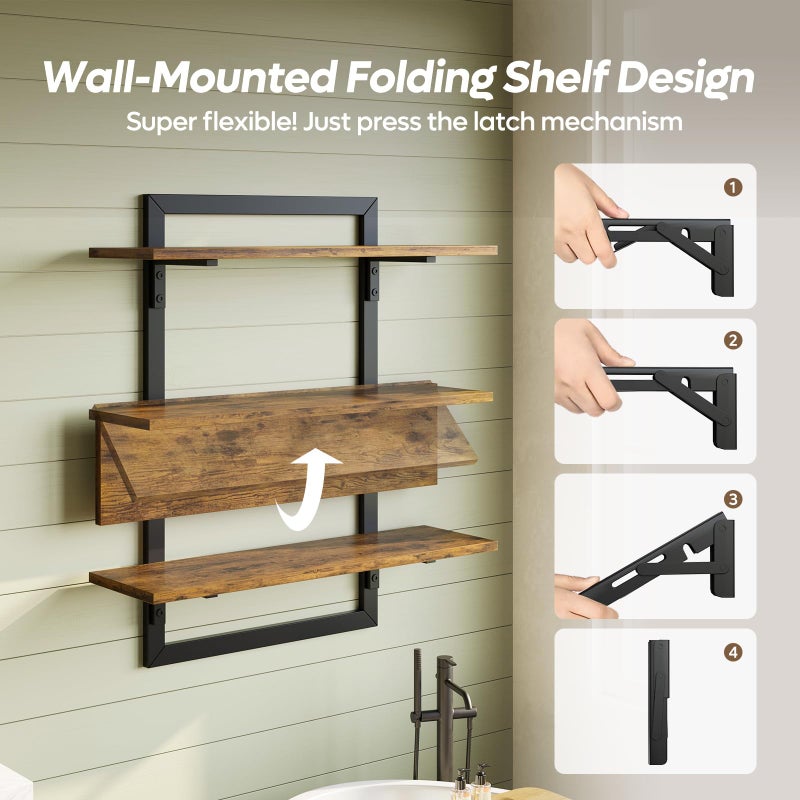 Bestier Floating Shelves for Wall, 24 inch Kitchen Shelves Wall Mounted, 3 Tier Coffee Bar Shelf with Foldable Brackets, Industrial Display Shelf for Bathroom, Living Room, Rustic Brown - Image 3