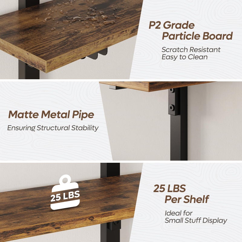 Bestier Floating Shelves for Wall, 24 inch Kitchen Shelves Wall Mounted, 3 Tier Coffee Bar Shelf with Foldable Brackets, Industrial Display Shelf for Bathroom, Living Room, Rustic Brown - Image 4