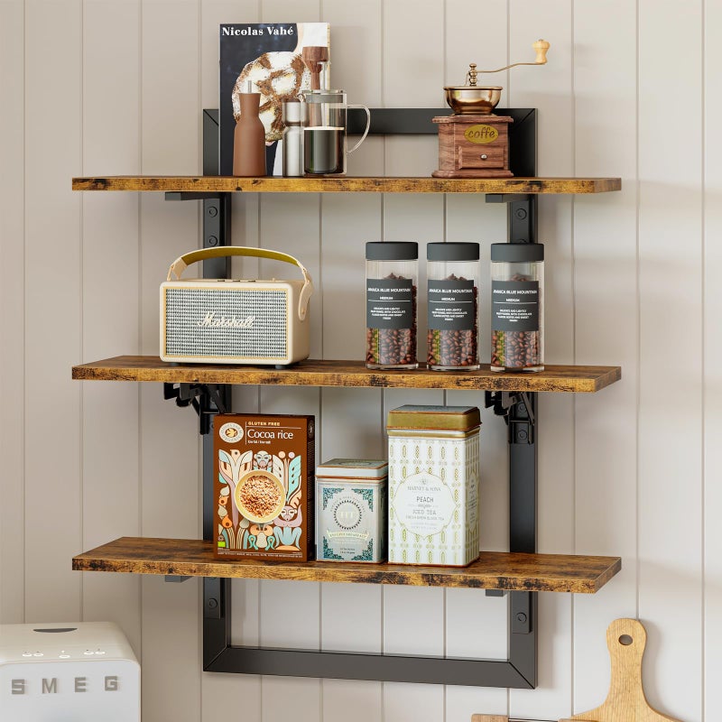 Bestier Floating Shelves for Wall, 24 inch Kitchen Shelves Wall Mounted, 3 Tier Coffee Bar Shelf with Foldable Brackets, Industrial Display Shelf for Bathroom, Living Room, Rustic Brown - Image 1
