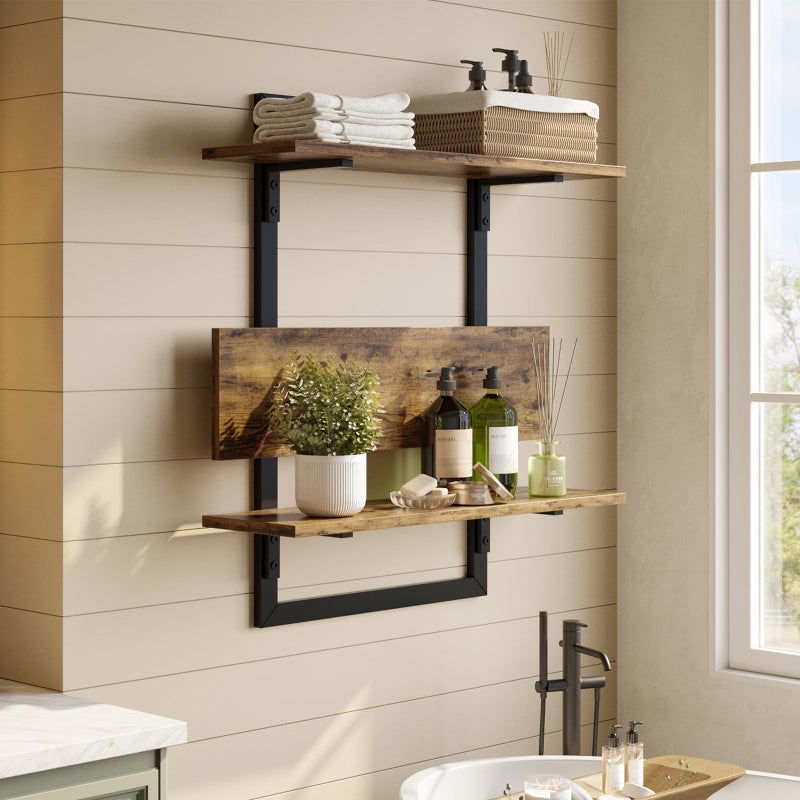 Bestier Floating Shelves for Wall, 24 inch Kitchen Shelves Wall Mounted, 3 Tier Coffee Bar Shelf with Foldable Brackets, Industrial Display Shelf for Bathroom, Living Room, Rustic Brown - Image 2