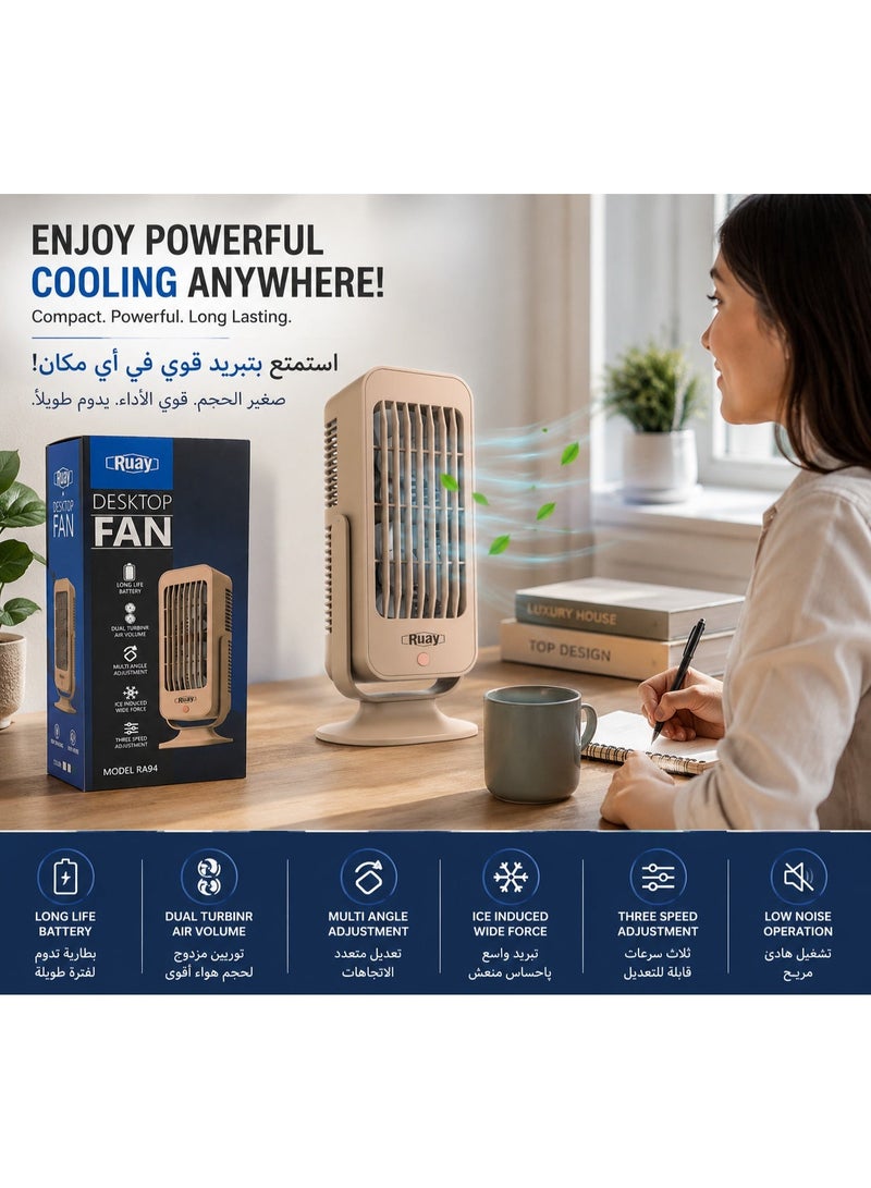 Ruay Rechargeable Desktop Fan | Portable USB Cooling Fan with 3 Speeds, Adjustable Angle & Long Battery Life  English Bullet Points - Image 4