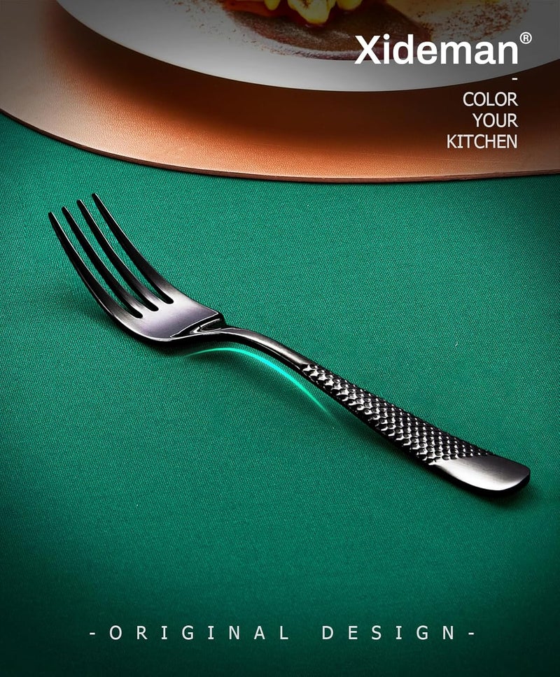 Xideman ® 12-Piece Premium Hammered Salad Forks Set (6.7 inch), 18/10 Stainless Steel Forks Silverware, Mirror Polished Dessert Forks for Home, Kitchen, Restaurant, Dishwasher Safe (Black) - Image 3