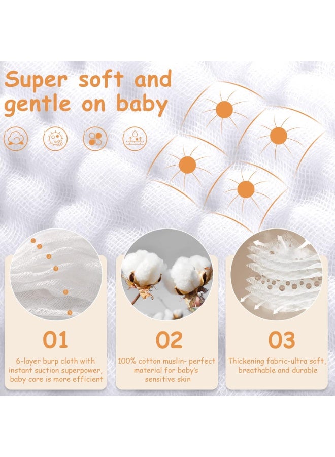 KISSUN Muslin Burp Cloths Baby Girl 6 Pack - 20" x 10" - Ultra Soft & Absorbent, 6-Layer 100% Cotton for Spit Up & Drool- Gentle Baby Burping Cloth, Newborn Essentials Shower Gift Girl, White - Image 5