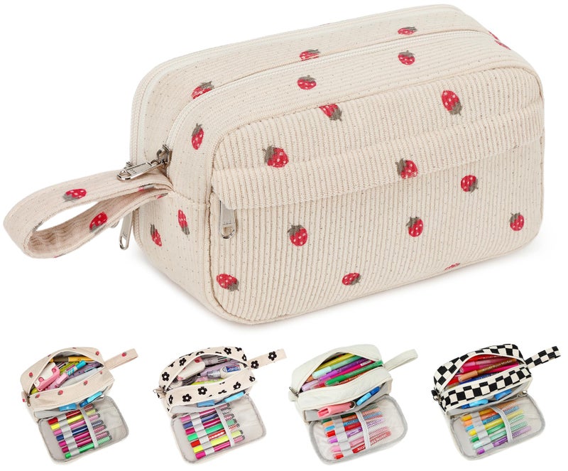 Bluboon Big Capacity Pencil Case Pencil Pouch Pen Case School Supplies Cute Pencil Box Pencil Bag for Teen Girls Boys Women Man Strawberry Beige