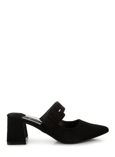 London Rag Buckle Strap Detail Microfiber Mules in Black
